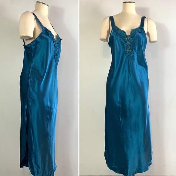 Vintage Other - Vintage California Dynasty Teal Slip Dress Nightgown Lingerie 90's Satin Lace